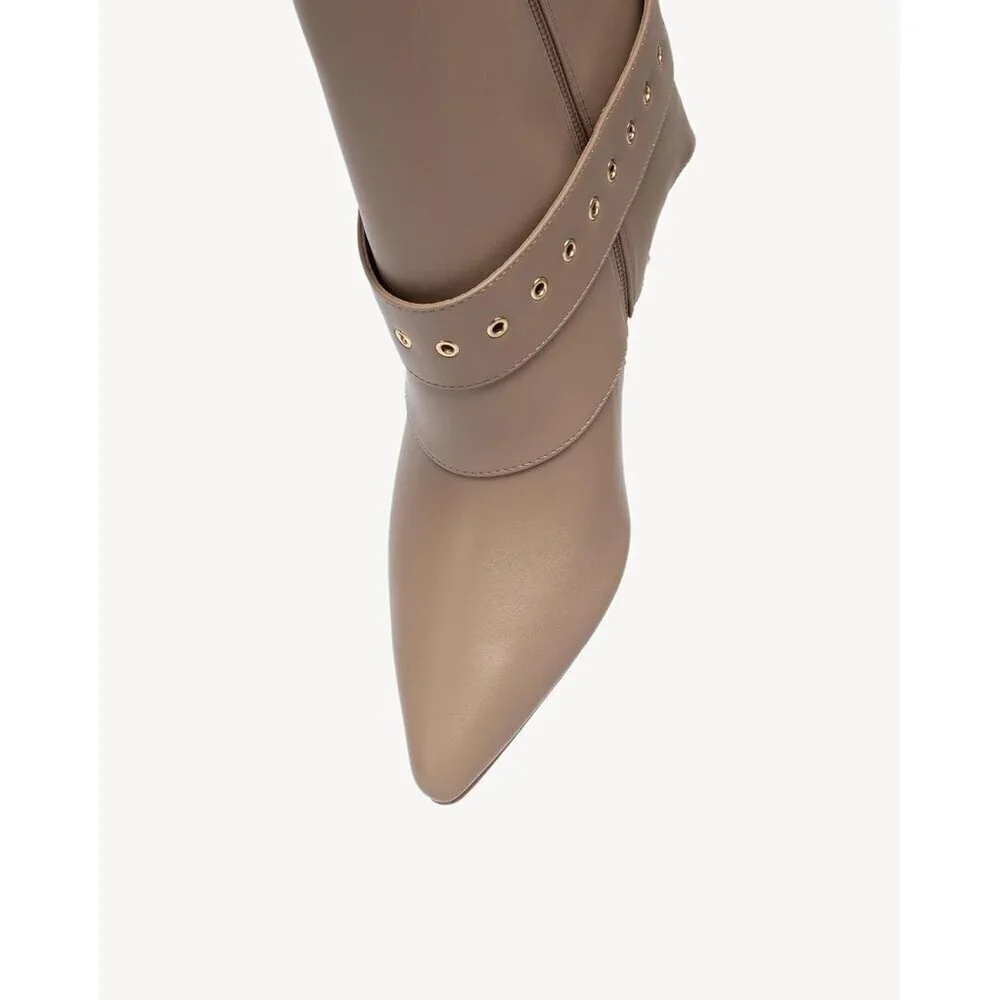 Women's Apricot Pointed Toe Ankle High Heel Short Booties With Gold Buckle Strap